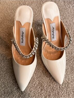 White Patent Pointed-Toe Mules with Crystal Strap